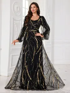 Women's Sweetheart Neck Lantern Sleeve Bodycon Dress, Sequins Embroidery Mesh Elegant Long Formal Wear Evening Party Gown, Random Cut Design