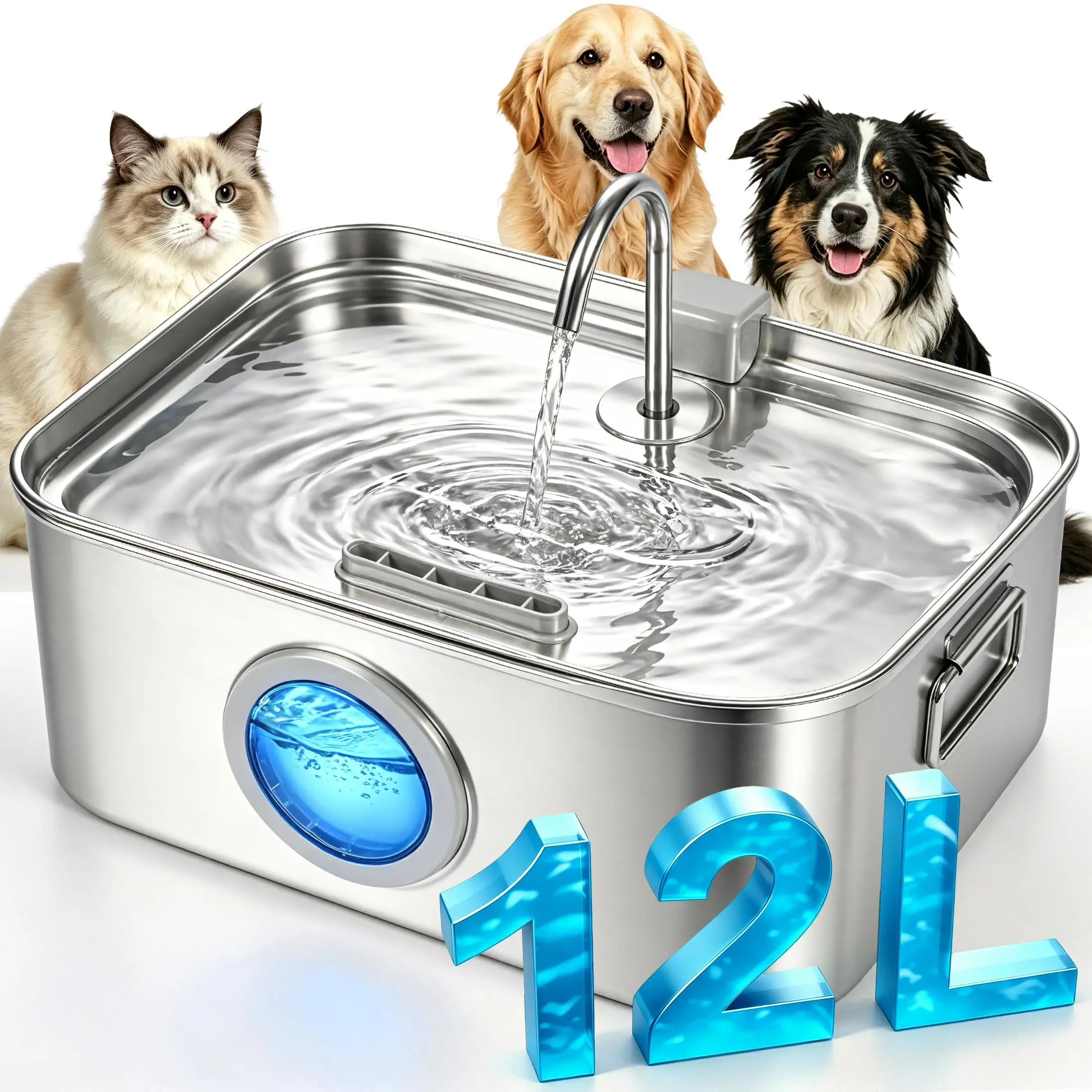 12L/405oz 304 Pet Water Fountain, for Multi-Cats & Large Dogs,Stainless Steel Automatic Cat Water Fountain, 24h Filtration, Ultra-Quiet Pump, BPA-Free, Dishwasher-Safe, Easy Clean, Filters Water, Summer Essential Pet Accessory, Dual Handles, Silent Pump
