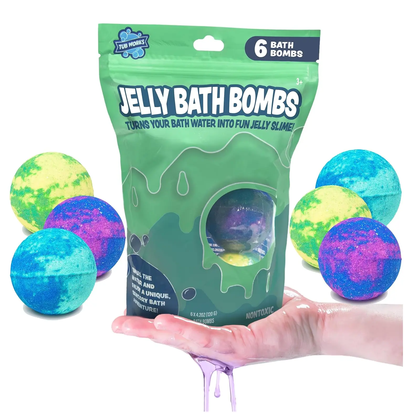 Tub Works 6-Pack Non-Toxic Unisex Slime Bath Bombs, Fruit-Scented (Wild Berry, Blueberry, Watermelon), Moisturizing Aloe & Shea Butter Kids Bath Toys for Toddlers, Sensory Play, Body Cleanser & Skin Repair