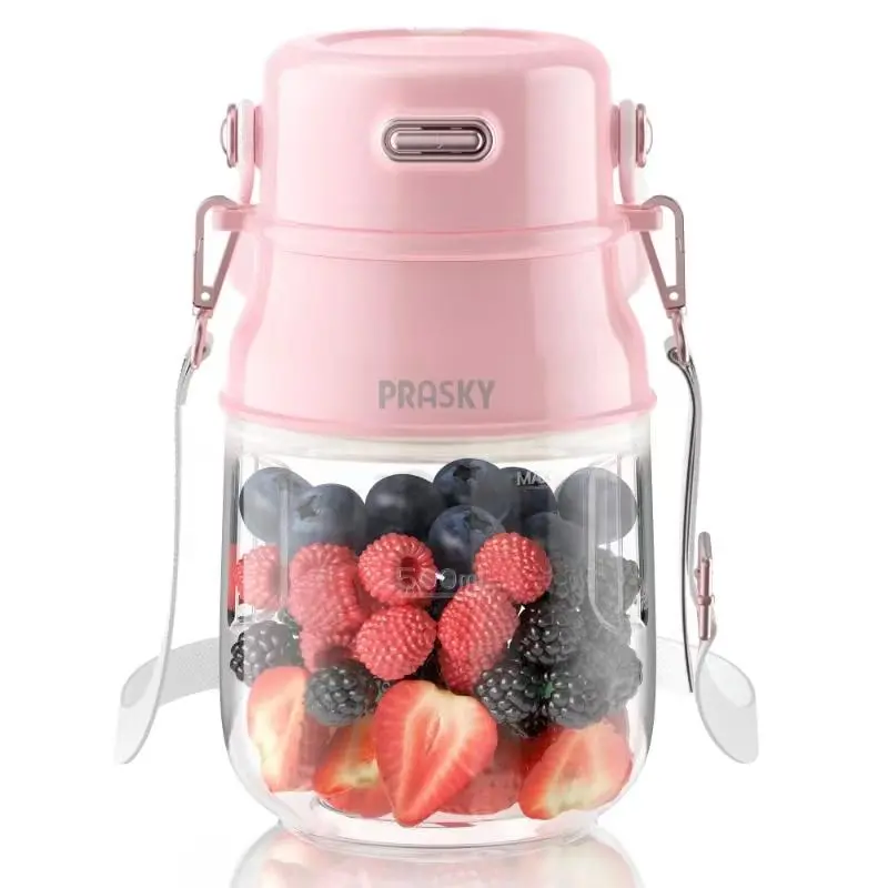 Prasky Portable Blender, Type-C Rechargeable blender, Mini Blender, Personal Blender for Fresh Juice, Smoothies & Protein Shakes with Extra Lid and Shoulder Strap, Dishwasher Safe Parts, Ideal for Gym/Travel/Kitchen/School/Driving