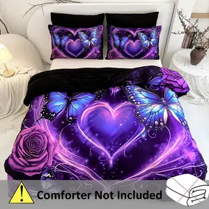 Elegant 3D Butterfly & Rose Bedding Duvet cover Set - Breathable Polyester Fabric with Zipper Closure, Machine Washable, All-Season Comfort - Includes 1 Duvet Cover and 2 Pillowcases (Without Pillow Core)