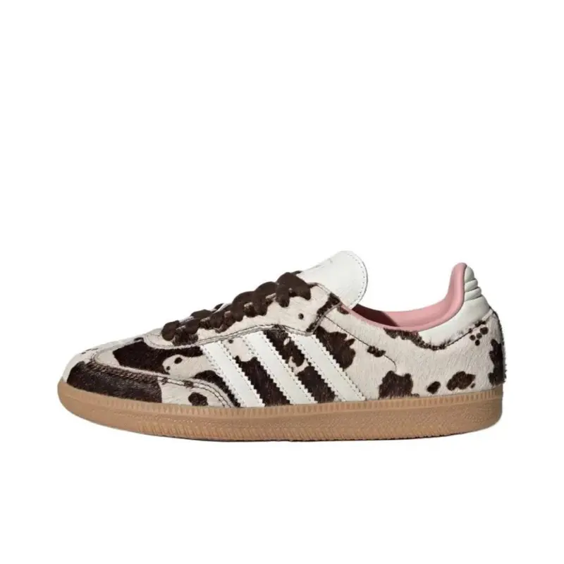 Adidas Samba OG Cow Print Women’s Closed Athletic Sneakers - Sports Shoes, Walking Shoes, Training Footwear, Casual Sneakers, Animal Print, Sporty Chic, Low Profile, White Leather, Dark Brown, Gum Sole, Faux Cowhide, Bold Personality, Clean Stitching