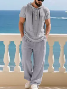 Men's Hooded Linen Plain Short Sleeve Shirt Pants Set, Henry Neck Button Design, Drawstring Hood, Breathable Skin-Friendly, Casual Beach Vacation