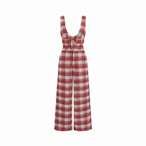 Cider Wool-look U-neckline Plaid Straight Leg Overalls