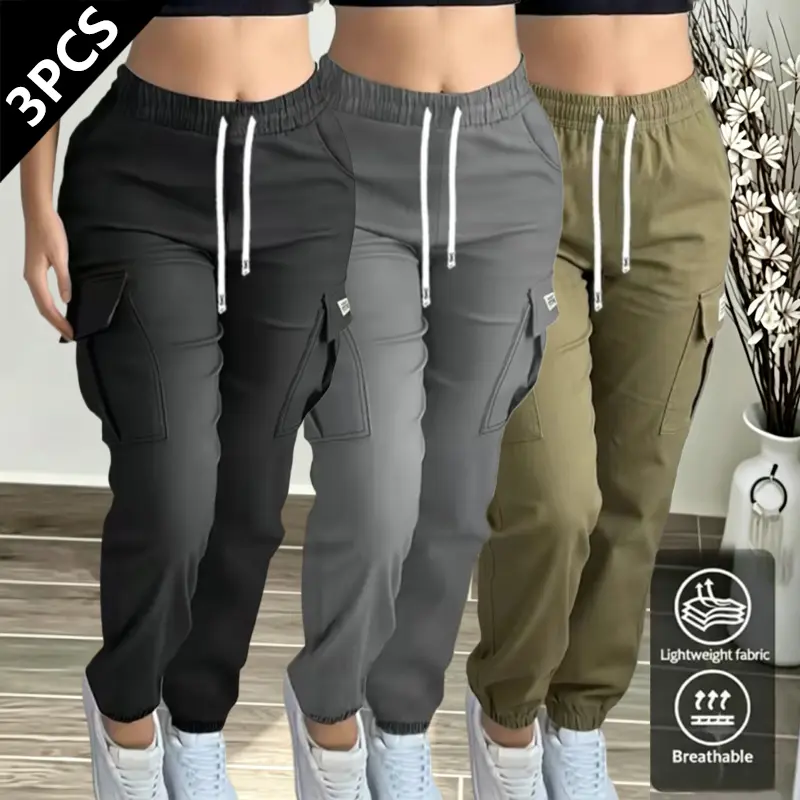 LIFE KEEPS MOVING 3-Pack Women’s Sportswear Cargo Pants – Lightweight, breathable, with a stylish patch pocket design and an elastic drawstring waist; casual outdoor long pants suitable for jogging and everyday wear.