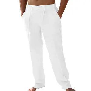 Men's Casual Linen Pants Summer Beach Cotton Lightweight Loose Fit Drawstring With Pockets
