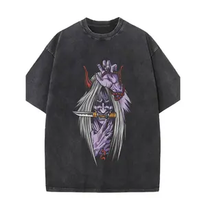 Men's Heavyweight Gothic Devil T-Shirt with Horned Figure & Red Eyes - 230gsm Wax Print Streetwear Tee, Shrink-Resistant Short Sleeve Round Neck for Halloween Party & Casual Wear, Machine Washable Fit