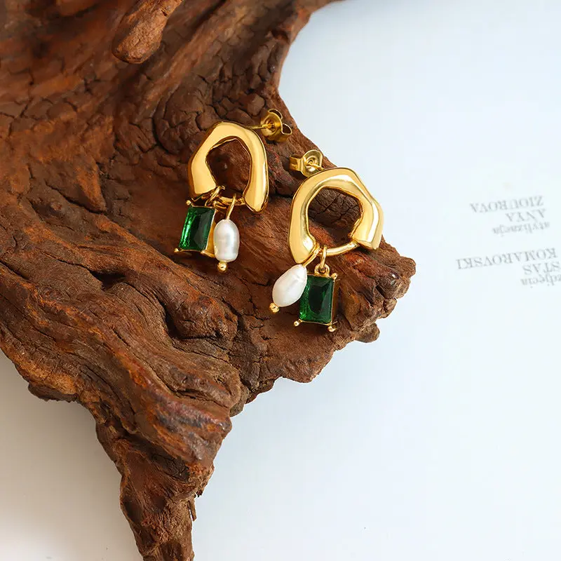 Gold Pearl and Emerald Drop Earrings with Green Gemstones and Gold Finish