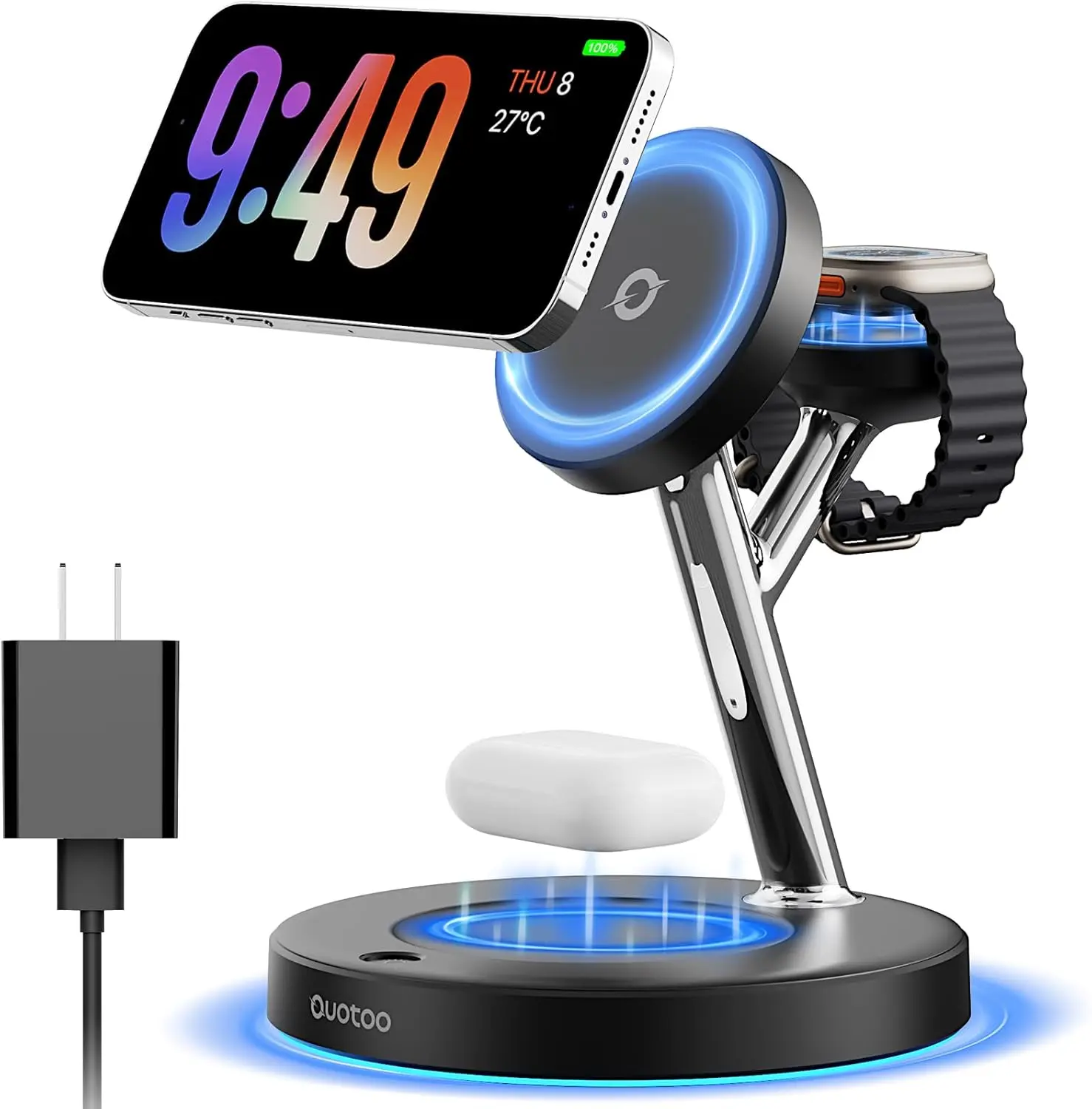 3 in 1 MagSafe Wireless Charger Stand for iPhone Apple Watch AirPods | Adjustable Blue Ambient Light,15W Magnetic Charging Station for iPhone 17 16 15 14 13 12 Series wireless charging station