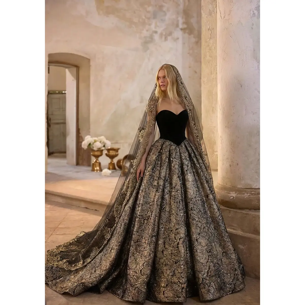 Gothic Black Strapless Wedding Dress With Gold Glitters - Black Evening Dress Ball Gown Plus Size