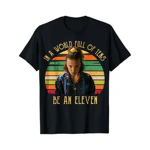 T-Shirt Black Eleven Stranger Things Character With Rainbow Background And Text In A World Full Of Tens Be An Eleven Casual Wear For Fans