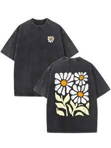 Men'S Vintage Wash Pattern Printed T-shirt - Floral Print Design, Vintage Wash Appearance, Round Neck Short Sleeve, 230g Washed Cotton, Summer Comfort Casual T-shirt, Regular Version, Machine Washable men  clothing