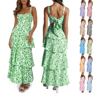 FMEYOA New Womens Floral Maxi Dresses Spaghetti Strap Casual Sleeveless Ruffle Flowy Tiered Dress Comfort Fit RT1055