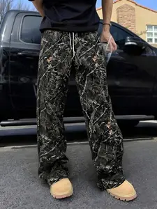 New Branch Pattern Print, Loose Straight Leg Pants, Drawstring Waist, Pockets, Casual Sport Long Pants, Camouflage Sports Pants for Outdoor Activities