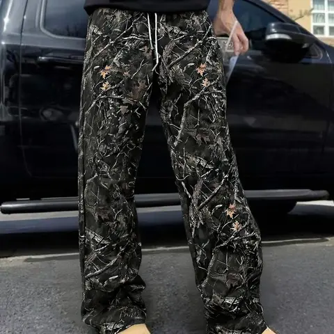 New Branch Pattern Print, Camouflage Sweatpants, Casual Sweatpants Style, Loose Straight Leg Pants, Drawstring Waist, Pockets, Casual Sport Long Pants for Outdoor Activities