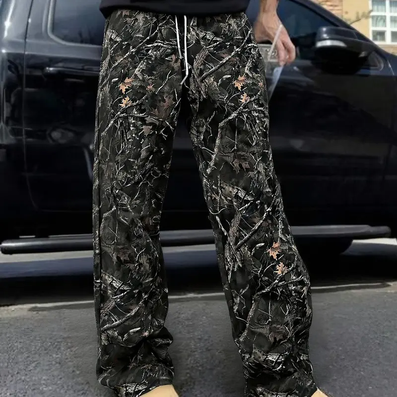 New Branch Pattern Print, Camouflage Sweatpants, Casual Sweatpants Style, Loose Straight Leg Pants, Drawstring Waist, Pockets, Casual Sport Long Pants for Outdoor Activities