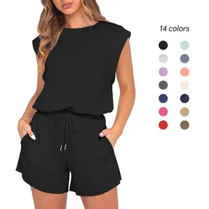 GRECERELLE Rompers For Women 2026 Summer Cap Sleeve Adjustable Drawstring Waistband Cozy Lounge Short Jumpsuit With Pocket