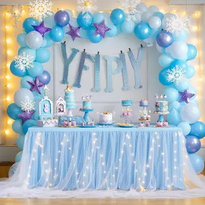 6FT Baby Blue Tulle Table Skirt for Rectangle or Round Tables Ruffle Tulle Tutu Cloth Desk Table Skirt with LED Lights for Birthday Party Baby Shower Gender Reveal Cake Dessert Decorations