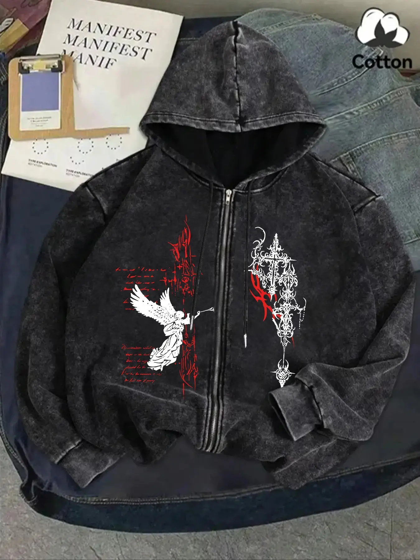 Vintage Mineral Wash Gothic Zip-up Hoodie | Oversized Casual Streetwear Sweatshirt with Cross & Angel Print | Premium Heavyweight Cotton Aesthetic Jacket | Perfect Fall/Winter Layering Piece for Urban Techwear Style.