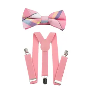 TIE MOOD Salmon Peach Plaid Kid's Pre-Tied Bow Tie & Salmon Suspenders Set | Bow Tie & Suspender for Boys | Easter Outffit