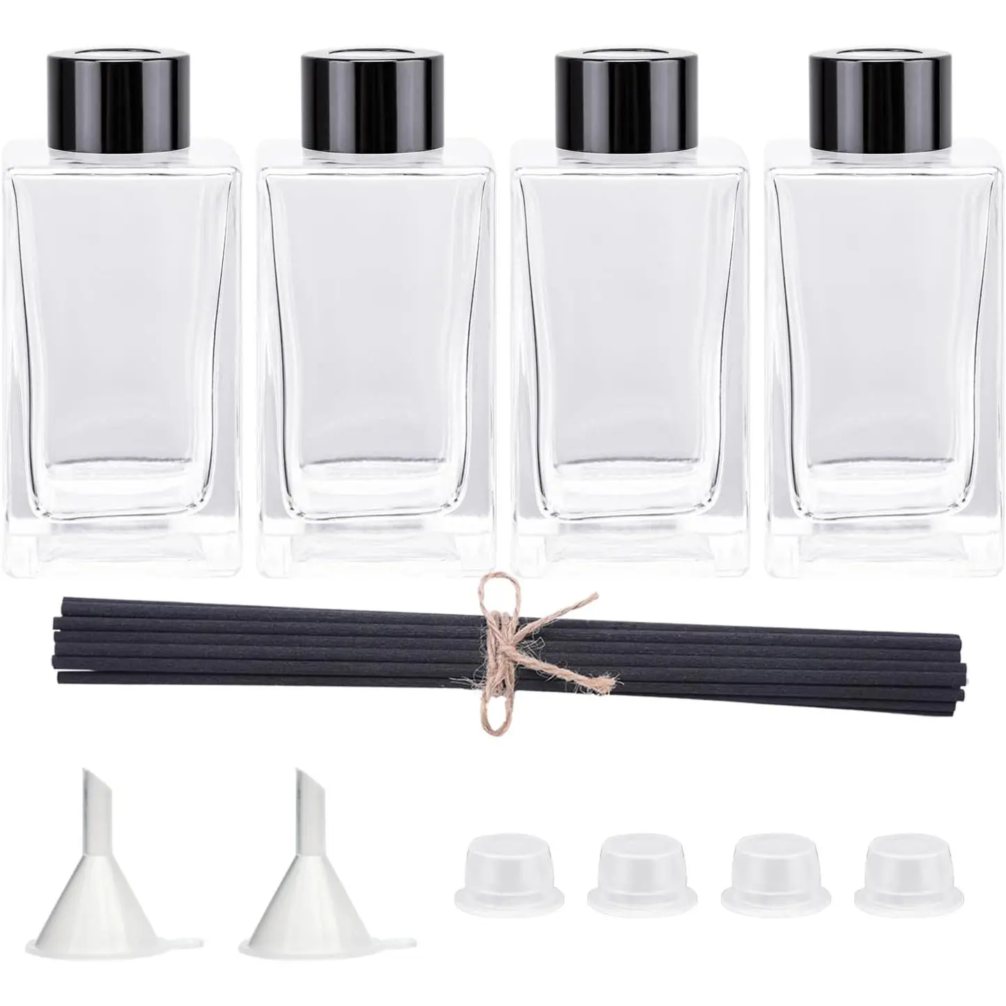 4 count Empty Glass  Reed Diffuser Bottles, Refillable Diffuser Bottles with 20 count Reeds Sticks & Black Caps & Funnel, Diffuser Jars for  Oil  Decoration (100ML)
