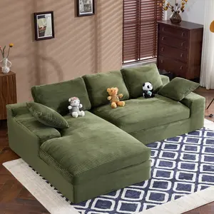 Niccae Green corduroy compressed sofa. It has a soft and skin-friendly sitting feel, adding a healing atmosphere to the warm living room. It comes with 3 back cushions and 2 throw pillows.