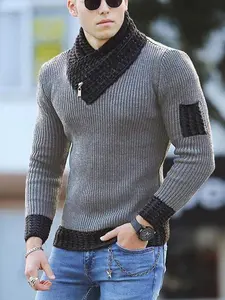 Men's solid color ribbed diagonal neck sweater