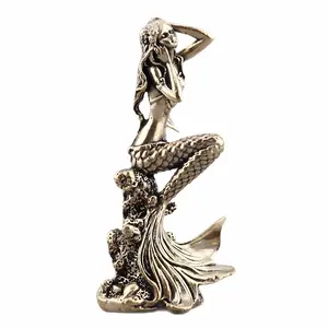 Vintage Brass Mermaid Figurine, Weathered Mini Sea Monster Statue, Home Office Desktop Art Decor, Ocean Theme Brass Craft, Collectible Gift, Artistic