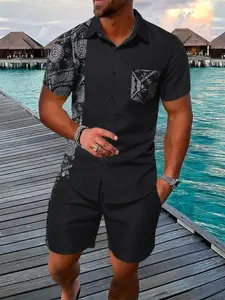Men's Black & White Tropical Geometric Patchwork Home Loungewear 2-Piece Outfit Set - Short-Sleeve Lapel Button-Down Shirt, Contrast Pattern Pocket & Side Panels + Elastic Drawstring Waist Black Shorts, Lightweight Breathable Fabric, Fitted, Urban Style