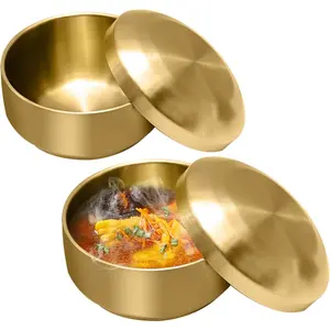 Stainless Steel Rice Bowl with Lid, Set of 2, for Korean Kitchen Restaurant, Double-walled Metal Bowls, Multi-Purpose Insulated Soup Bowls Snacks Bowls (11.5cm Gold)