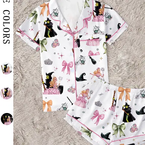 Wicked Movie Cute Bow Collar Short Sleeve Pajama Set, Nightwear Lounge Set, Pyjamas, Pjs, Comfortable Soft Sleepwear Loungewear, Halloween Party Gift, Cozy Velvet Cosplay, Glinda