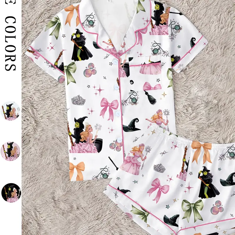 Wicked Movie Cute Bow Collar Short Sleeve Pajama Set, Nightwear Lounge Set, Pyjamas, Pjs, Comfortable Soft Sleepwear Loungewear, Halloween Party Gift, Cozy Velvet Cosplay, Glinda