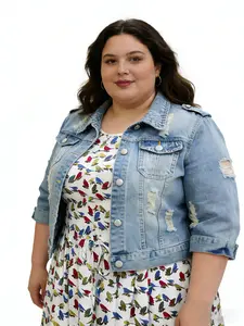 Aswulk Plus Size Women's 3/4 Sleeve Strech Distress Slim Crop Denim Jean Trucker Jacket