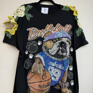 #202Luna Sparkle Black T-Shirt with Bulldog Basketball Design and Embellished Flowers