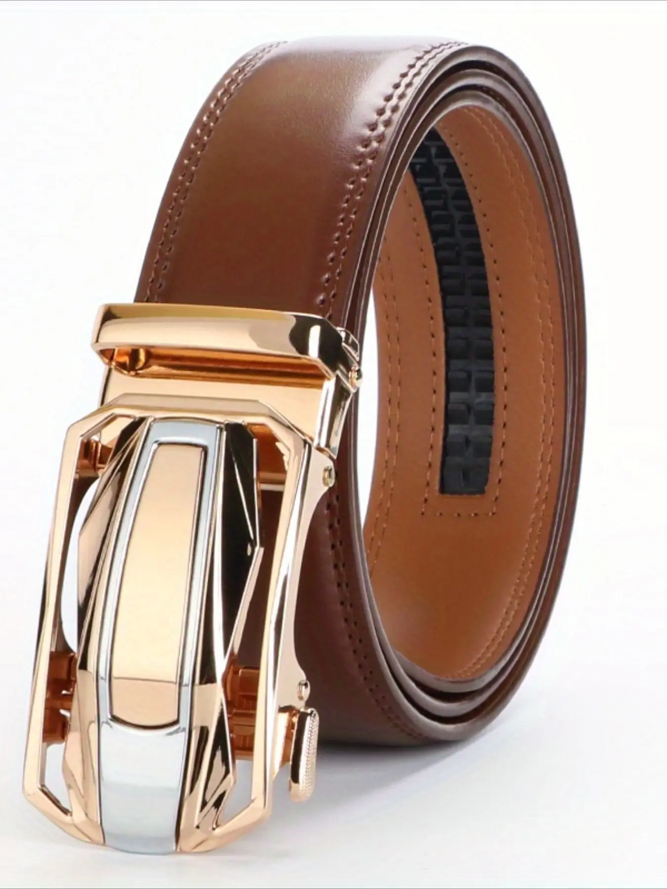 Stylish Leather Sturdy Ratchet Belt Adjustable Waist Auto Buckle Strong Alloy Clasp Premium Leather Belts Perfect for Business Casual Wear Easy to Use Great for Any Occasion Including Valentines Day