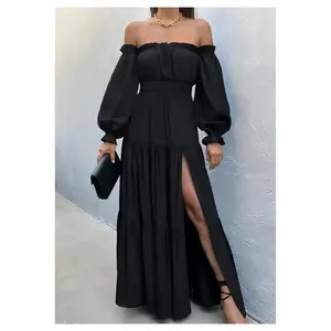 Fated Finds Summer Casual Dress, Women's  Boho Sexy Off Shoulder Long Sleeve Smocked High Waist Side Split Flowy A-Line Tiered Maxi Dress, Elegant Backless – Please Check Size Chart, Runs Small (Size Up Recommended)