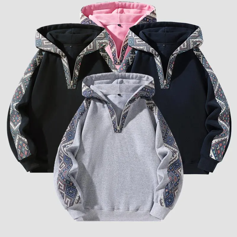 Men's Thick Knit Long Sleeve Half-Zip Hoodie Sweatshirt - Patchwork Contrast, Retro Ethnic Style, Soft Warm Fabric, Fall Tops, Slim Fit, Guys and for Boyfriend, Longsleeves Garment, Lightweight, Comfortable