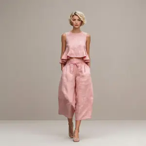 2026 Women's Linen-Blend Two-Piece Set with Ruffles and Off-Shoulder Design for Womenswear Clothes