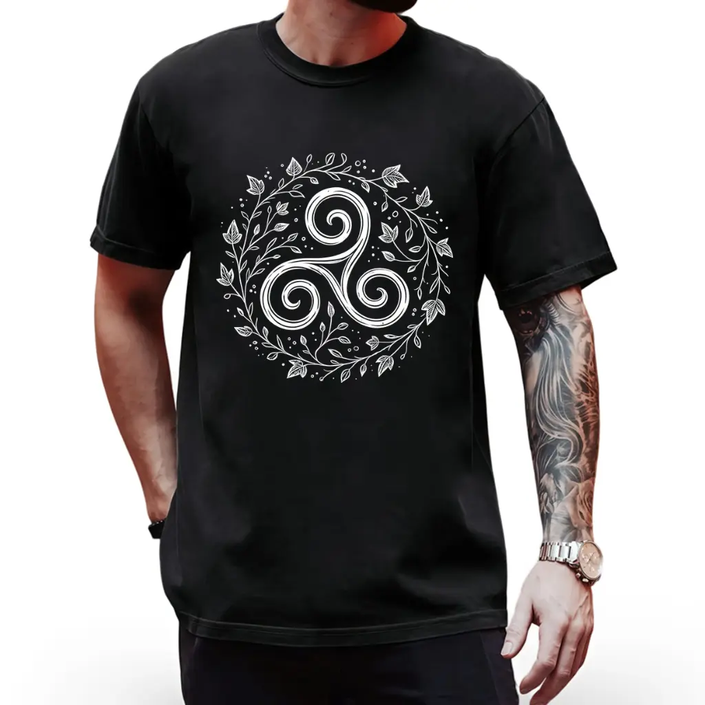 Triskelion Celtic Spiral Druid Pagan Leaf Nature Art Symbol T-Shirt | Casual Crew Neck, Slight Stretch, Regular Fit, Short Sleeve, All-Season