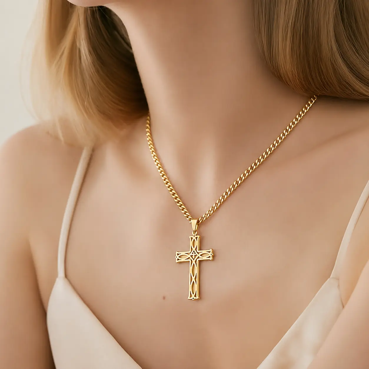 Unisex Celtic Knot Cross Necklace, Stainless Steel Infinity Cross Pendant, Irish Religious Jewelry, Polished Black/Silver/Gold Plated, 16-24 Inch Rolo Chain, Gift for Men & Women