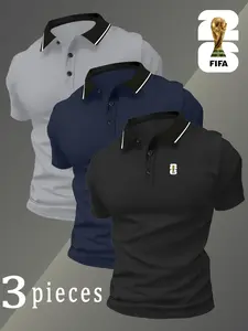 Men's Quick-Dry Polo Shirts Set, 2026 Fifa World Cup Logo Print, Breathable Sporty Style, Fitted Short Sleeve, All-Season Wear