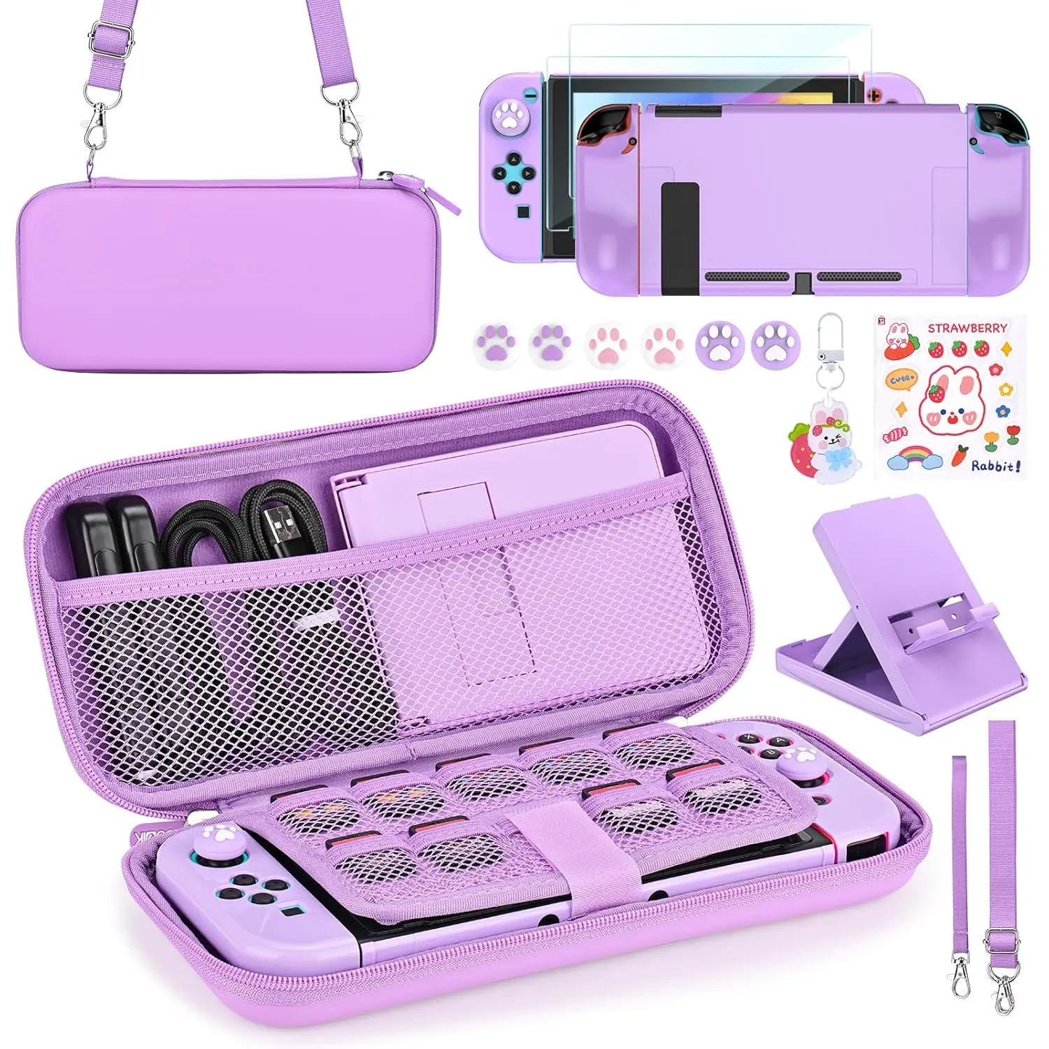 h-42  Switch Accessories Bundle, 17 in 1 Purple Switch Accessories Kit for Girls Include Switch Carrying Case, Adjustable Stand, Protective Case for Switch Console & J-Con