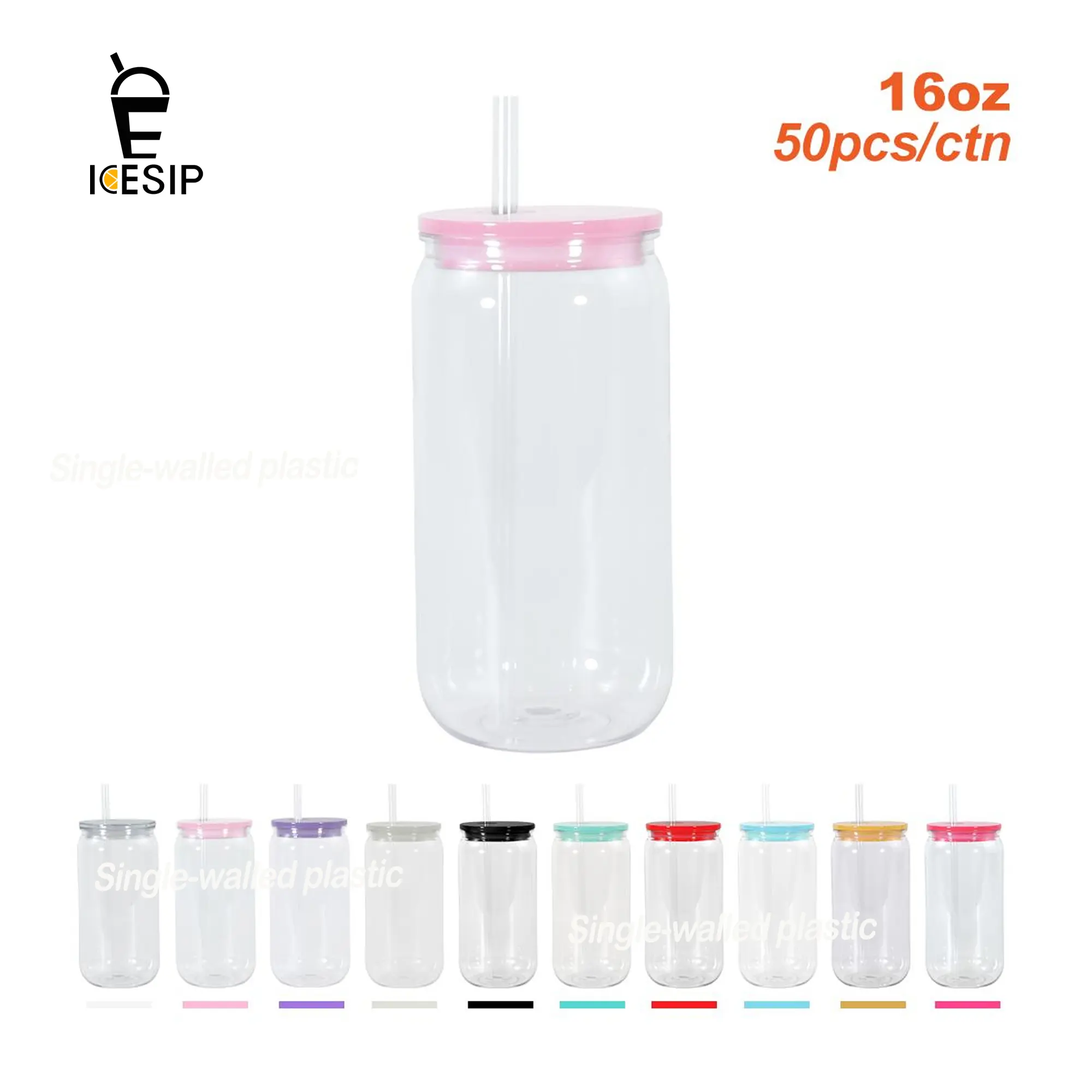 ICESIP 50pcs/ctn 16oz Round Single-Walled Plastic Acrylic Glass Cups with Mixed Color Lids & Straws, Unisex for UVDTF Printing, DIY Custom Detail, Wedding, Anniversary Celebrations, Ceremony, Birthday