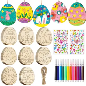 Easter Wooden Egg Craft Kit, Includes 8 Wood Slices, 8 Strings, Colorful Stickers & 12 Markers, DIY Home Decor & Holiday Ornaments for Kids' Handmade Crafts
