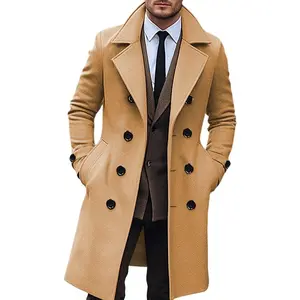 Men's trench coat with split double breasted wool blend, long pea coat, winter warm coatHVES