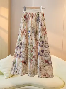 Elegant Floral Pleated Long Dress for Women, Colorful Floral Pattern, High Waist Design, Flowy Style, Fit, Suitable for All Seasons