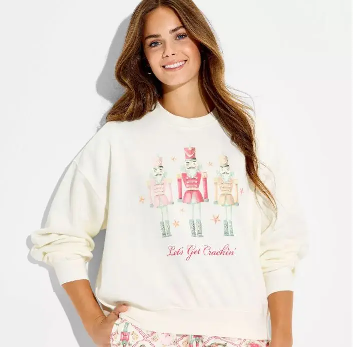 Target Women's Viral Nutcracker Christmas Fleece Sweatshirt Off White NWT XL Classic Holiday Charm Soft Cozy Fleece Relaxed Fit Machine Washable