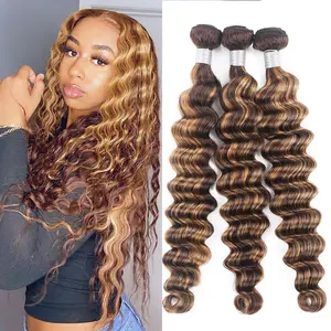 Honey Blonde Highlight Sew In P4/27 Human Hair Bundles  Loose Deep Wave Hair Bundles Ombre Brown Bundles for Quick Weave