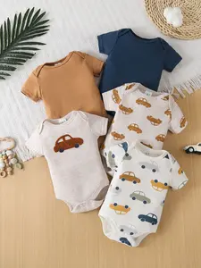5-Piece Baby Boy Racing Sports Romper Set ️ | Short-Sleeved Cotton Triangle Jumpsuit | Newborn Easy Diaper Changes Value Set
