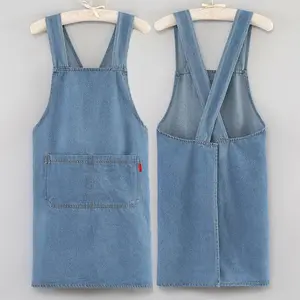 Oloey Durable Cotton Denim Apron - Adjustable Cross-Back Extra Long Straps 74cm x 83cm, 2 Large Pockets, Machine Washable for Kitchen & Craft Use